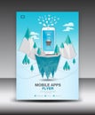 Mobile Apps Flyer template on Winter Landscape Background. Business brochure flyer design layout. smartphone icons mockup. poster