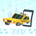 Mobile auto application. Transport service, position pin on map. Vector colorful illustration in flat style image City taxi design Royalty Free Stock Photo