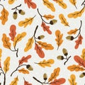 Autumn oak leaves with acorns on the branches. Seamless vector pattern design for seasons greeting cards Royalty Free Stock Photo