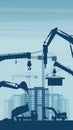 Mobile background of heavy machinery such as truck, wheel excavator, working on the construction of buildings in a city