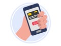 Mobile banking application and electronic payment. Human hand with smartphone and payment by credit card via e-wallet Royalty Free Stock Photo