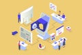 Mobile banking concept in 3d isometric design. Vector illustration with isometry people Royalty Free Stock Photo