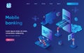 Mobile banking concept 3d isometric web landing page. Royalty Free Stock Photo