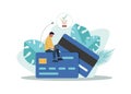 Mobile banking concept illustration of people sitting on credit cards and using mobile smart phone for online banking and Royalty Free Stock Photo