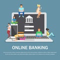 Mobile banking concept illustration of people using laptop and mobile smart phone for online banking Royalty Free Stock Photo