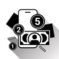 Mobile Banking Icon Silhouette Money And Coins Over Smart Phone On White Backgroound With Shadow