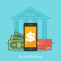 Mobile banking, an illustration in a flat style building, bank card, money