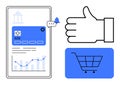 Mobile banking interface with credit card, analytics, shopping cart, and thumbs-up gesture Royalty Free Stock Photo