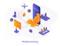 Mobile banking isometric web banner. Fintech mobile application for financial management isometry concept. Online payment and Royalty Free Stock Photo