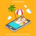 Mobile beach resort vacation app flat 3d isometric technology