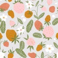 Berry seamless pattern for fabric design. Vector repeat background with strawberry and flowers