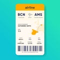 Mobile boarding pass. Vertical aircraft e-ticket. Flight ticket template. Passenger document mockup. Travel pass with