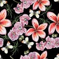 Bright seamless pattern with flowers. Plumeria. Orchid. Butterfly. Watercolor illustration.