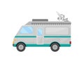 Mobile broadcasting car, side view. Truck with satellite dish antenna on roof. Media vehicle. Flat vector design