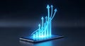 Mobile Business Growth Bar Graph with Glowing Blue Arrows on Smartphone Dark Background for Data Success Royalty Free Stock Photo