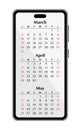 Mobile calendar for 2024 year with spring months: March, April, May. Vector