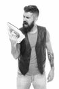 Mobile call. Guy bearded hipster master of communications. Calling phone. Bearded man shows call me gesture. Call me Royalty Free Stock Photo