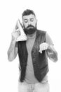 Mobile call. Mobile communication. Guy bearded hipster master of communications. Calling phone. Bearded man shows call Royalty Free Stock Photo