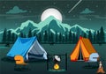Camping at night near bright lights in a spruce forest under a magical starry sky.