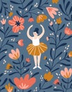 Card With Hand Drawn Ballerina In The Floral Frame. Cute Dancing Girl Isolated On The Floral Background. Vector Illustration