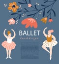 Card with two hand drawn ballerinas on the floral background. Cute dancing girl isolated and place for your text. Royalty Free Stock Photo