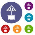 Mobile cart with umbrella for sale food icons set Royalty Free Stock Photo