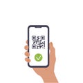 Mobile Cashless Payment system or Scan Qr Code and approval sign vector flat illustration. A hand holding mobile phone