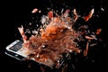 Mobile cell phone exploding into pieces