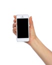 Mobile cell phone in hand with blank black screen for text copy