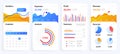 Mobile charts UI. Phone screen with dashboard analytics, diagrams and bars with stock statistics and forecasts