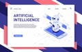 Mobile chatbot. Artificial intelligence chat assistant bot in smartphone app and educational robot isometric vector illustration