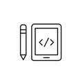 Mobile coding and web development on portable devices. Digital HTML workspace. Electronic tablet and pencil