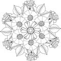 Coloring book antistress mandala wreath of leaves, flowers, twigs