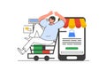 Mobile commerce outline web concept with character scene. Man making online purchases, ordering in app. People situation in flat Royalty Free Stock Photo