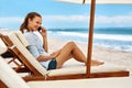 Mobile Communication. Woman Calling On Phone. Summer Beach. Freelance Royalty Free Stock Photo