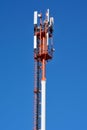 Mobile communications antenna that provides mobile telecommunications GSM 4G, 5G. Close-up against a clear blue sky Royalty Free Stock Photo