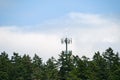 Mobile communications tower with antennas on top, showing above a forest tree line, sky and clouds in the background Royalty Free Stock Photo