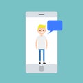 Mobile concept. Young blonde boy chatting on the smart phone screen