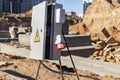 Mobile construction site power panel. Supply of electricity during construction. Electrical construction tool connection board Royalty Free Stock Photo