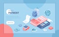 Mobile contactless payment. PayPass, NFC payments. Scanning QR code. POS terminal, phone and smart watch. Isometric vector illustr