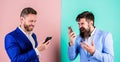 Mobile coverage and connection quality. Cell coverage mobile operator. Businessmen use modern gadget smartphone online Royalty Free Stock Photo