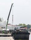 Mobile crane on dock and barges Royalty Free Stock Photo