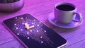 Mobile cryptocurrency trading concept. The smartphone is lying on a wooden table, next to a cup of aromatic coffee. Neon glow. 3d
