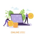 Mobile Currency Exchange Service. Online Banking with Characters and Money. Businessman Changes Currency Using Laptop Royalty Free Stock Photo