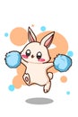 Cute and happy cheerful rabbit with blue pompom cartoon illustration