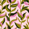 Cute retro set of leaf seamless patterns. Simple design in pink and green colorways. Vector repeating design for fabric, wallpa