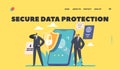 Mobile Data Protection Landing Page Template. Safeguard Characters at Smartphone with Fingerprint, Biometrics