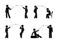 Mobile data transfer, man and phone icons, people interacting and talking, calls and sms stick figure pictogram