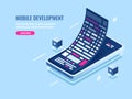 Mobile development concept, message roll, software programming for mobile phone, smartphone application isometric vector