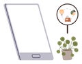 Mobile Device with Blank Screen, Business Analytics Icons, and Potted Plant on White Background Royalty Free Stock Photo